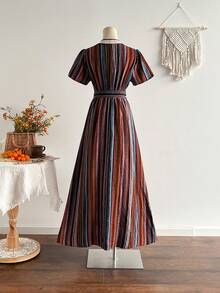 Rusttydustty Đầm ngắn tay kẻ sọc phong cách retro boho, thắt eo dành cho nữ, đầm tháng Sáu, đầm dự tiệc, đầm tốt nghiệp, đầm thanh lịch dành cho nữ, trang phục công sở dành cho nữ, đầm kẻ caro dành cho nữ, đầm màu nâu. - màu nâu - Xem 3