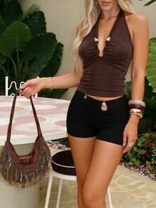 Women's New American Sexy Deep V-Neck, Backless Halter Crop Top, Fitted Hollow Out Casual Knit Vest Summer - Brown - View 6