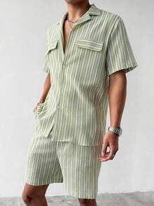 Bộ áo sơ mi và quần short nam màu xanh sọc có túi. - màu xanh lá - Xem 2