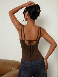Hàng mới về mùa hè dành cho nữ: Áo tank top nữ gợi cảm, hai dây spaghetti, cổ chữ V, hở lưng, dây đeo có thể tháo rời, màu trơn, phù hợp để mặc trong hoặc ngoài, phong cách thường ngày. - màu nâu - Xem 3