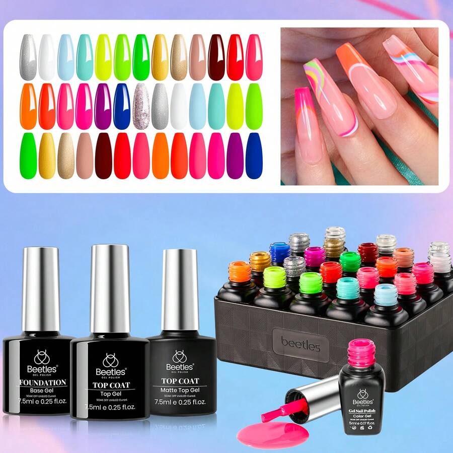 Beetles Spring Gel Polish Set - Fingertip Palette, 32 Colors Valentines Polish Set With Base Top Coat - 20 Colors Rainbow Neon - View 1