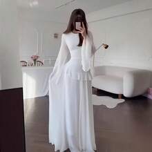 Women's Elegant White Maxi Dress With Flare Long Sleeves And Flounce Hem, Asymmetrical Neckline Fitted Casual Knitted Formal Gown - 白色 - 查看 4