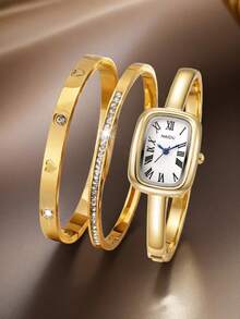 3pcs Women's Watch Set, Elegant Minimalist Fashion Watches Suitable For Daily Wear And Decoration - Gold - View 3