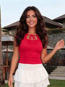 Women's Sleeveless Tank Tops Casual Stylish Solid Color Neck Tie Elastic Slim Fit Vest for Summer - Rojo - Ver 4