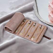 Portable Jewelry Roll Organizer Travel Foldable Pouch Compact Jewelry Wrap For Necklaces, Earrings, Rings - Brown - View 2