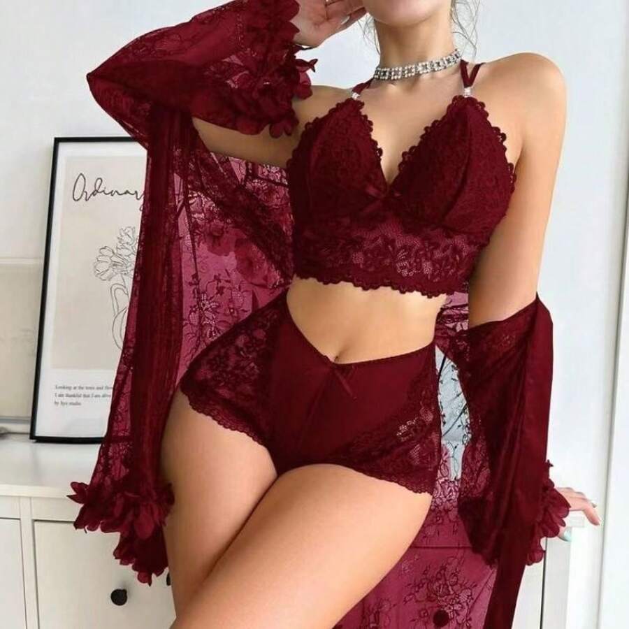 New Fashion Sexy 3 Pieces Lingerie Set Women French Style Lace Bra Panties Nightwear Sleepwear For European American Market Wholesale - Màu đỏ rượu vang - Xem 1