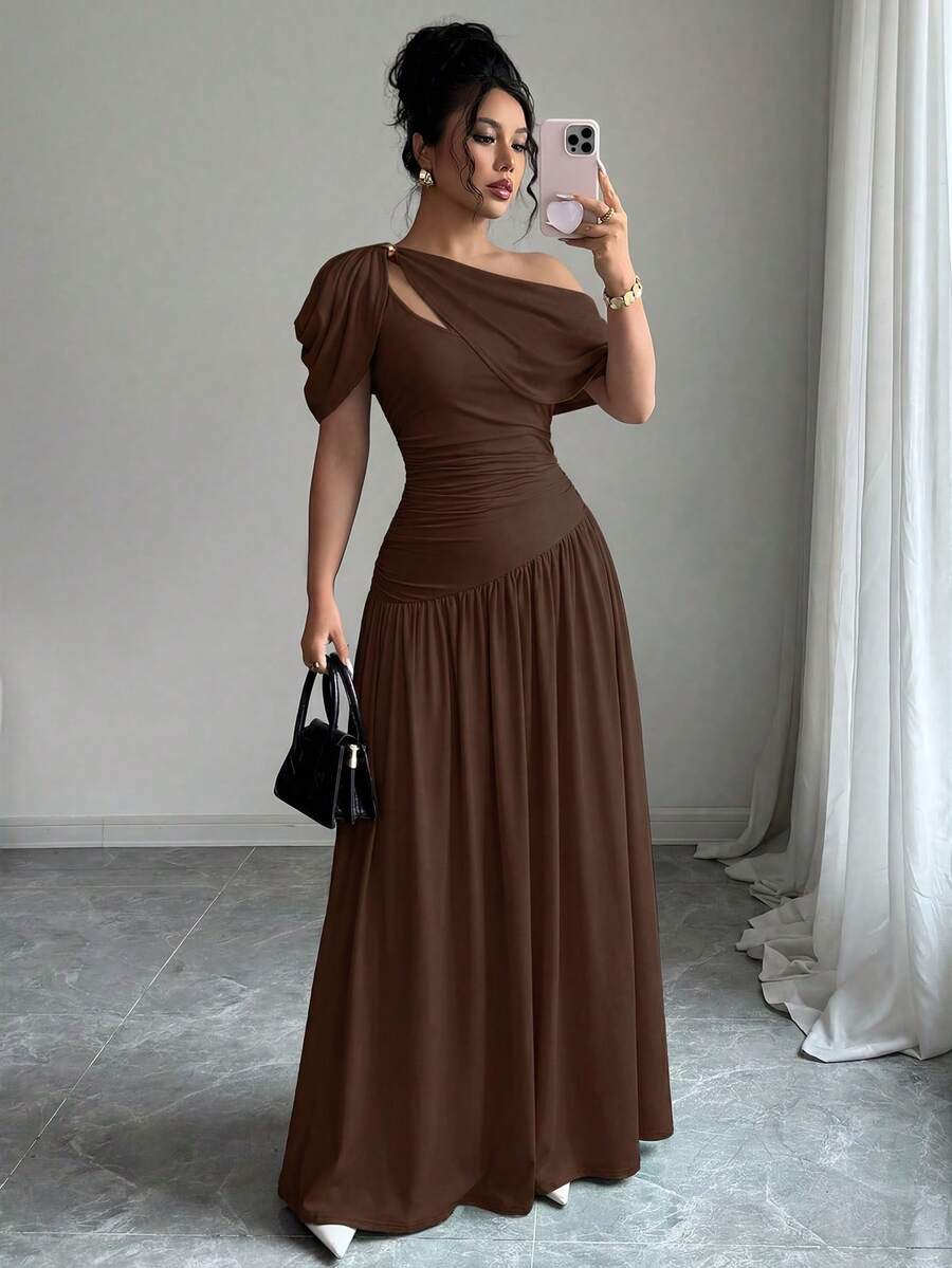 女士棕色褶裥修身喇叭连衣裙，优雅时尚，适合派对、约会、度假、婚礼、正式场合、宴会、教师节、母亲节、毕业典礼等场合，春夏弹力修身长裙 - 棕色 - 查看 1