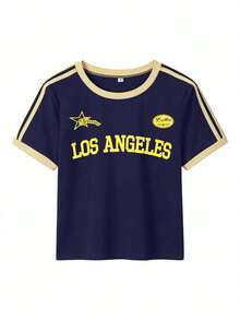 Áo croptop phong cách sinh viên Los Angeles, áo thun thường ngày mang hơi hướng retro Y2K, in chữ thể thao, áo tay ngắn thoải mái phong cách đường phố mùa hè. - Màu xanh hải quân - Xem 3