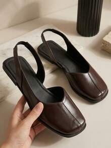 Women's Slingback Flat Shoe, Brown Macerata Style, Square Toe, Elegant, Comfortable, , Ref: R-150 - 咖啡棕 - 查看 1