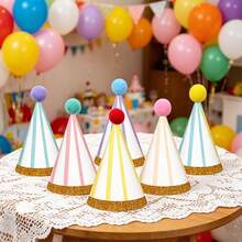 Sombreros de papel en forma de cono con rayas de 6 colores tipo macarrón y decoración aleatoria de pompones, sombreros de fiesta adecuados para fiestas de té en el jardín, revelación de género, bodas y otras fiestas con accesorios para fotos, también se pueden usar como decoración para carnavales, fiestas en la piscina, picnics y otras celebraciones - Sombrero de rayas con motas doradas - Ver 6