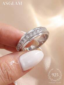 1 pièce Bague de mode élégante et entièrement diamantée, en platine incrusté de zirconium blanc 925 en argent sterling. Bijou haut de gamme pour femmes, convient pour un cadeau d'anniversaire ou d'anniversaire de mariage - Argent - Voir 1