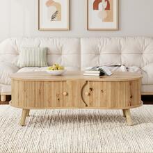 Pea-Shaped Coffee Table With Grooved Pattern, 2 Sliding Doors, Living Room Table, Wood Look, Solid Wood Legs, MDF Material - Wood Color - View 3