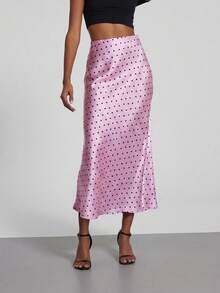Se-Helo Women's Fashion All-Season Satin Elastic Waist Maxi Skirt Vacation - Pink Polka Dots - View 2