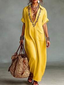 2026 Spring/Summer European And American New Style Loose Women's Embroidered Pocket Casual Turn-Down Collar Cotton-Linen Dress - 黃色 - 查看 12