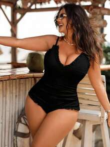 Plus Size Women One-Piece Tummy Control Modest High-Stretch Solid Color Special Fabric Dopamine Beach/Pool/Spa Sweet Style Swimsuit For Summer Beach Vacation - Màu xanh lam - Xem 8