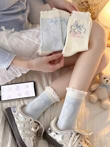 2 Pairs Bow Print Mid-Calf Socks, Sweet Ruffled Breathable Comfortable Casual Socks For Summer, Suitable For Girls - Multicolor - View 1