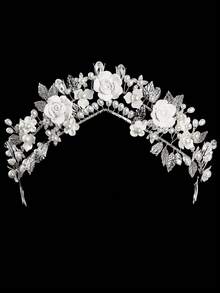 1PC Handmade Royal Style Cluster Faux Pearl Tiara, Elegant Silver Leaf & Rhinestone Wedding Crown, 3.54 Inch High Puffy Headband With Hair Combs For Brides & Prom,Handmade Floral Bridal Tiara With Faux Pearls & Rhinestones, Elegant White Flower Wedding Hair Comb, Romantic Hair Accessories For Brides And Bridesmaids,Festival,Birthday - Silver - View 17