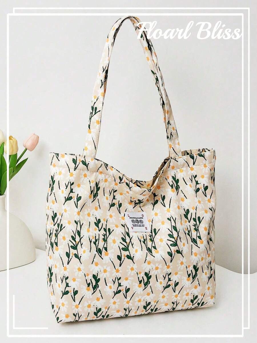 Cherry Print Simple Bucket Large Shoulder Tote Bag Student Girl Shoulder School Bag - Beige - View 1