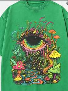 Summer Tops Men's  Eye And Mushroom Forest Pattern T-Shirt - Oversized Vintage Washed 100% Cotton T-Shirt, Vibrant 60s/70s Retro Print, Ultra-Soft And - 綠色 - 查看 4