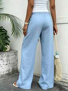 Pantalones anchos de estilo lino para mujer, 1 pieza, cintura elástica, cintura alta, fluidos, sueltos, largos, cómodos, casuales, esenciales para vacaciones, para primavera, verano, otoño e invierno - Celeste - Ver 6