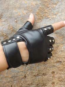 1 Pair Punk Rivet Fingerless Gloves, Suitable For Performance, Dancing, Outdoor Sports And Daily Wear,Men Gifts,Camping - Black - View 2