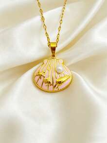 1pc 304 Stainless Steel Vacuum Electroplated Gold Ocean Style Pendant Necklace, Turtle & Shell Design Choker Necklace, Summer Beach Jewelry - Multicolor - View 6