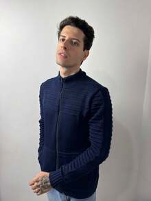 Men's Zippered Knit Jacket, Striped Sweater, Autumn/Winter, Regular Fit, Zipper, Daily Wear, For Going Out - 藏蓝色 - 查看 1
