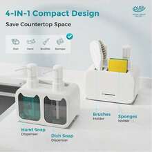 Kitchen Sink Dishwashing Liquid Refillable Bottle Set With Sponge And Brush Holder, Anti-Slip Anti-Rust, White Soap Dispenser Suitable For Kitchen And Bathroom - Multicolor - View 5