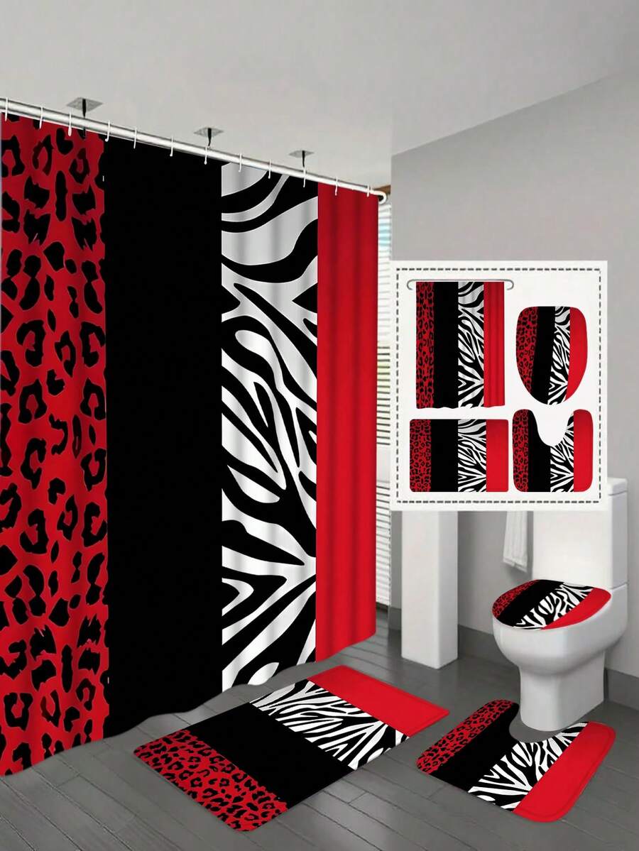 1pc/4pcs Modern Black And White Zebra Print Shower Curtain And Bathroom Set, Bathroom Curtains, Non-Slip, Decorative Polyester Bathroom Accessories, With 12 Plastic Hooks, 70.8 Inches X 70.8 Inches, Zebra Pattern Toilet Lid Cover And Mat, Bathroom Decor | Zebra Print Design | Bathroom Decor