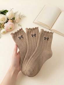 3/6 đôi tất dài đến bắp chân, kẻ sọc, có bèo nhún | Thiết kế nơ, phù hợp cho mọi mùa - Nhiều màu - Xem 8