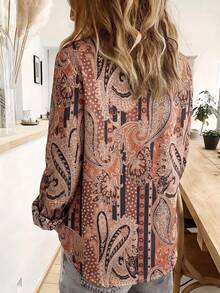 Printed Button Front Shirt, Bohemian Style Long Sleeve Printed Button Down Shirt Spring - Ginger - View 3