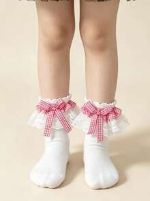 1 Pair Cotton Children's Lace Plaid Bow Ruffle Dance Princess Fashion Versatile Party Socks - Pink - View 1