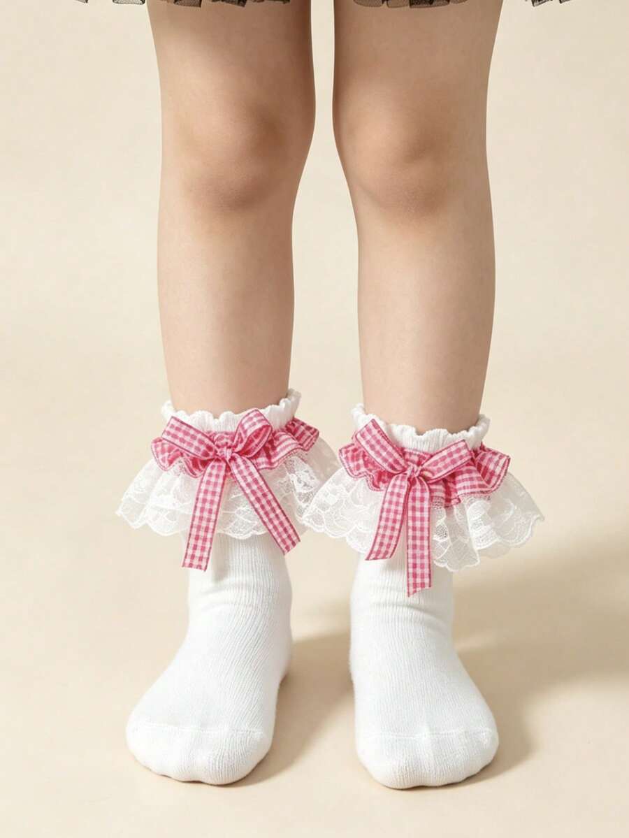 1 Pair Cotton Children's Lace Plaid Bow Ruffle Dance Princess Fashion Versatile Party Socks - Pink - View 1