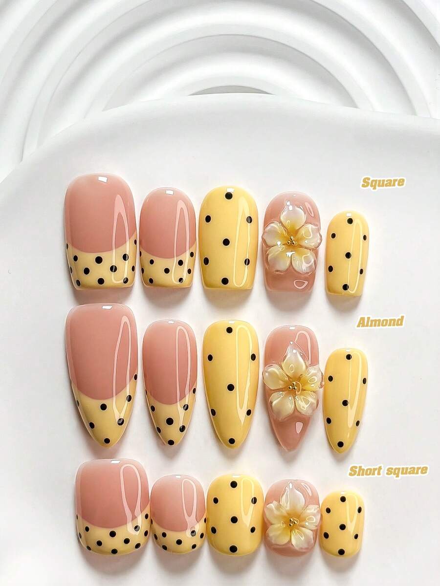 10Pcs Retro Energetic Style Handmade Press On Nail,Polygel Nail Set,Small Golden Steel Ball,Pink,Black,Yellow,White Nail Polish,Dreamy Girly Style,Includes Nail Tools,3 Sizes Available,Square,Short Square,Almond,Nails For Party,Dance,Daily Wear. - 彩色 - 查看 1