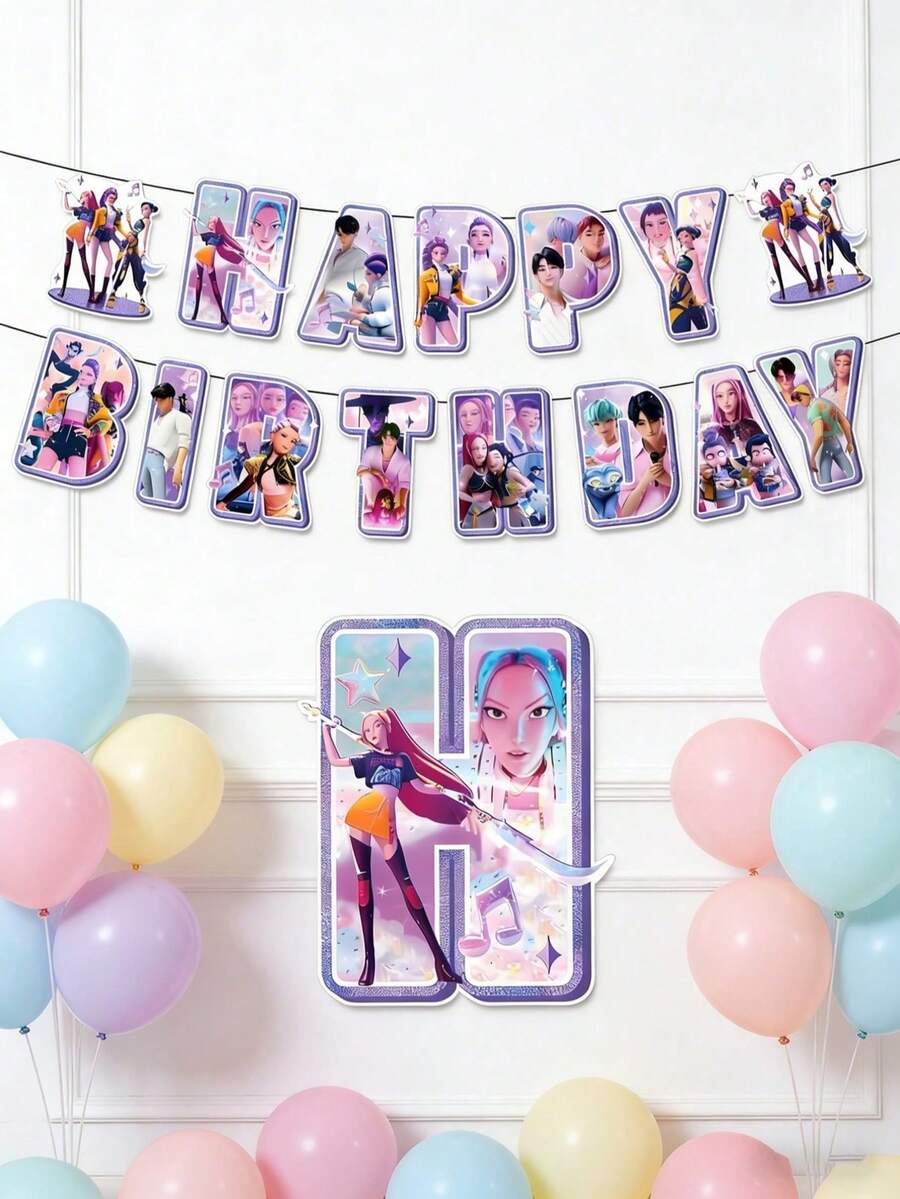 K-POP 女团主题生日快乐字母横幅,可爱生日派对悬挂装饰背景,适合粉丝派对、房间装饰和拍照道具 - 彩色 - 查看 1