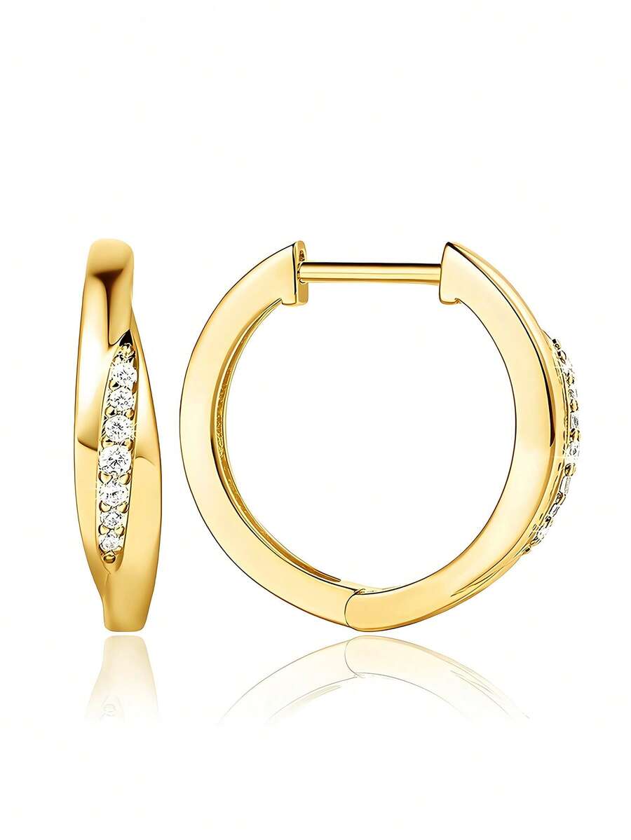 Khuyên tai vòng bằng bạc 925 không gây dị ứng, đính đá Cubic Zirconia, thiết kế tối giản tinh tế, phù hợp để đeo hàng ngày, quà tặng sinh nhật. - Vàng - Xem 1