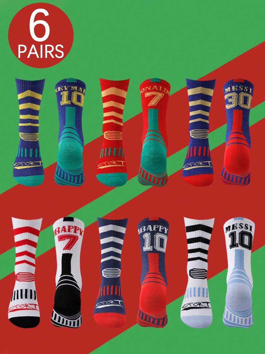 OU LIAN NIAO 6 Pairs Men's World Cup Sport Crew Socks, Multicolor Soccer Star Player Number Printed Breathable Cushioned Athletic Socks For Sports & Daily Wear - Multicolor - View 1