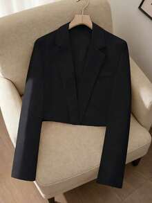 Plus Size Women Solid Color Cropped Thin Blazer Black - Black - View 2