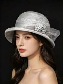 1pc Floral Decor Wide Brim Hat, With Natural Pleated Brim Edge Design, Featuring A Matching 3D Flower Decoration On The Side, Vintage Elegant Style, Suitable For Retro-Inspired Outfits Like British Vintage Look, Decorative And Practical For Sun Protection.,Beach,Travel - Fisherman's Hat - View 8