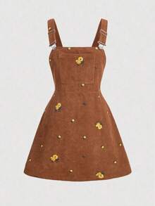 MOD Vestido de peto de terciopelo con bordado floral de talla grande para otoño/invierno, con tirantes ajustables, se puede usar como vestido de jumper - Marrón - Ver 10