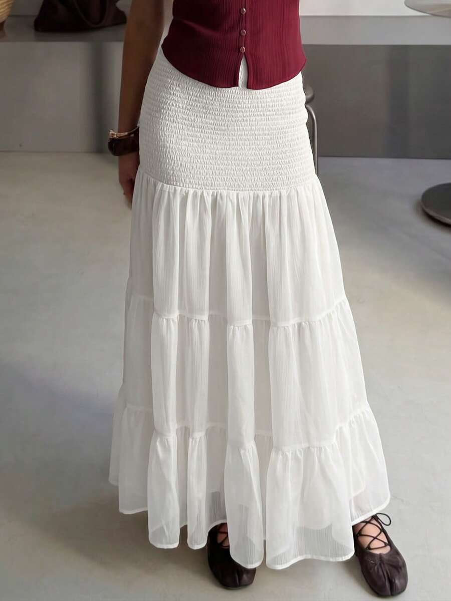 Women's Elegant Fashionable White Shirred Design Pleated Sheer Skirt, Stylish And Chic For Daily Commute, Vacation And Date , Spring/Summer - White - View 1