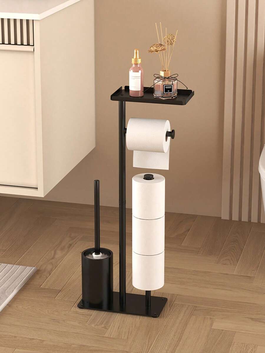 1 pièce Support multifonctionnel pour papier toilette sur pied (avec brosse de toilette), étagère supérieure pour ranger des articles comme le téléphone, les parfums, le savon liquide, la télécommande, porte-serviettes de papier vertical pour la salle de bain - Multicolore - Voir 1