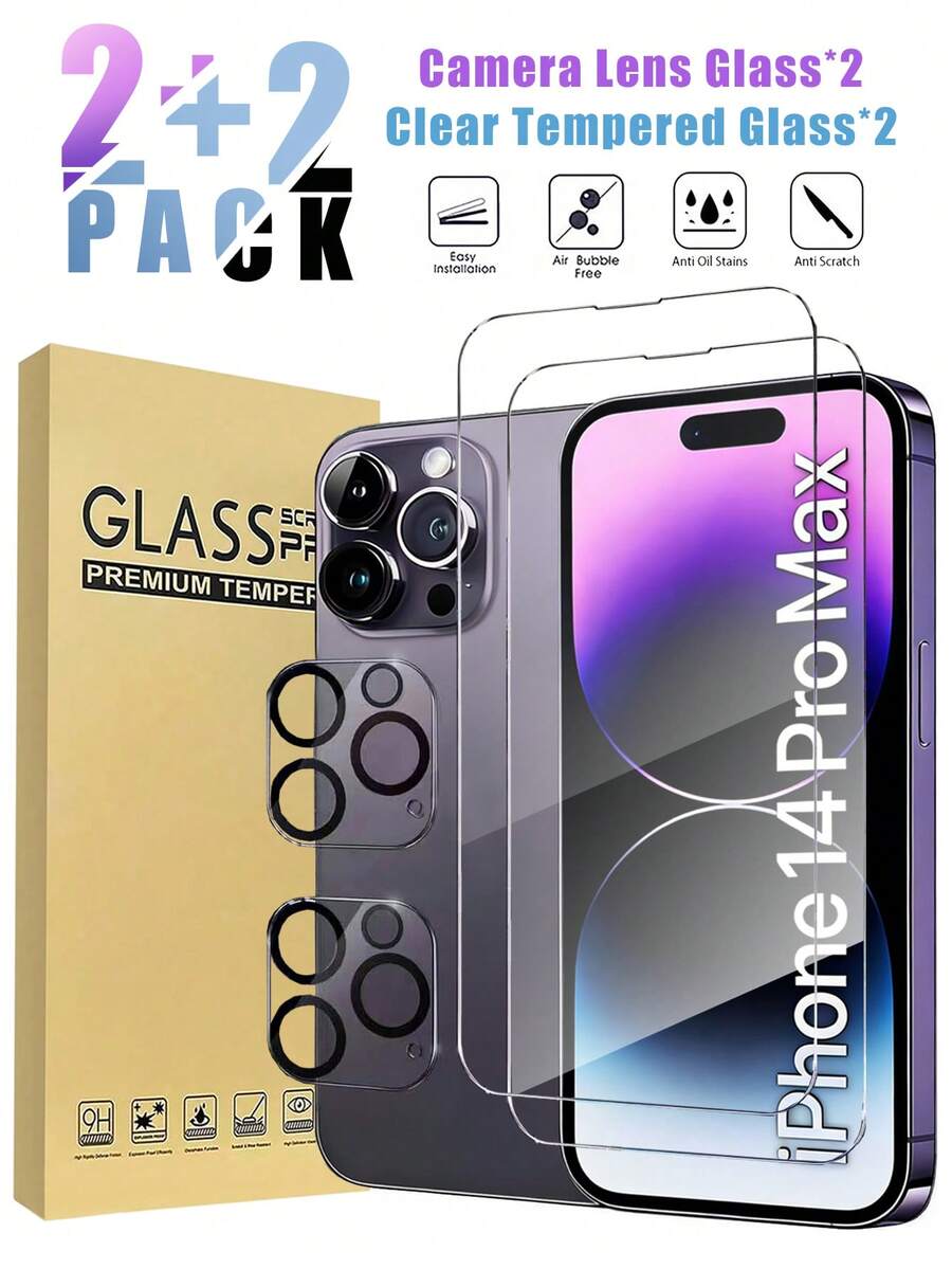 Shockproof Tempered Mobile Phone Screen Protector 4-In-1 Set Tempered Glass Screen Protector For IPhone 14 Pro Max, Includes 3 Screen Protectors And 3 Camera Lens Protectors, Compatible With IPhone 17 Pro Max/17 Pro/17/17 Air/16 Pro Max/16/16 Plus/15 Pro Max/15/14/13/12/11, Scratch-Resistant, High-Definition, Fits Perfectly With Phone Cases Mother's Day Gift