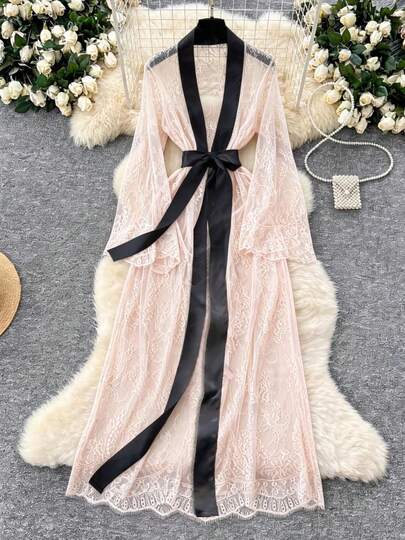 Sexy And Elegant Long Robe With A Belt, Lace Patchwork Coat Dress, Gauze Patchwork Elegant Nightgown, Home Wear, Valentine's Day