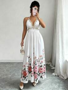 Đầm dạ hội mùa hè thời trang, đính sequin hình vỏ sò, họa tiết hoa, cổ yếm xếp nếp, thanh lịch, thích hợp cho kỳ nghỉ biển. - trắng - Xem 10