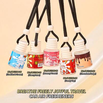 1个8毫升零食味吊坠香薰，五种固体香氛，车载空气清新剂，巧克力、甜点、樱桃、糖果、饼干味吊坠香薰，一款空气香氛吊坠，适用于织物、裤子、裙子等日常用品，去除异味。自然清新，持久留香，便携式车载香薰。