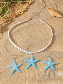 1 Set Of 3pcs Minimalist Fashion Five-Pointed Star Pendant Necklace, Exaggerated Starfish Earrings, Personalized Jewelry Set For Women - Blue - View 3