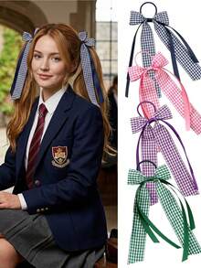 1 pieza Accesorio para el cabello con lazo de cinta a cuadros, Coletero de cinta a cuadros de unicolor, Accesorios para el cabello de mujer, Sujetador de coleta, Coletero de cuadros retro - Multicolor - Ver 5