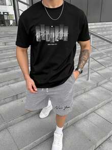 Men's Casual City Print T-Shirt Summer,For Everyday Comfort,Cotton T-Shirt,Summer Top, Wardrobe Staple, High Quality, Solid Tee,Graphic Tees. - Black Top - 查看 1
