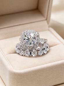 Set de 2 anillos de compromiso para mujer, anillos apilables de estilo elegante y lujoso con circonita incrustada - Adecuado para boda, fiesta, regalo - Plateado - Ver 13